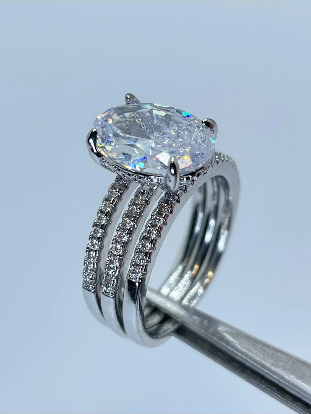 Swarovski Crystal Elements White Oval Cut Solitaire Ring 3 Band Set Sz 9